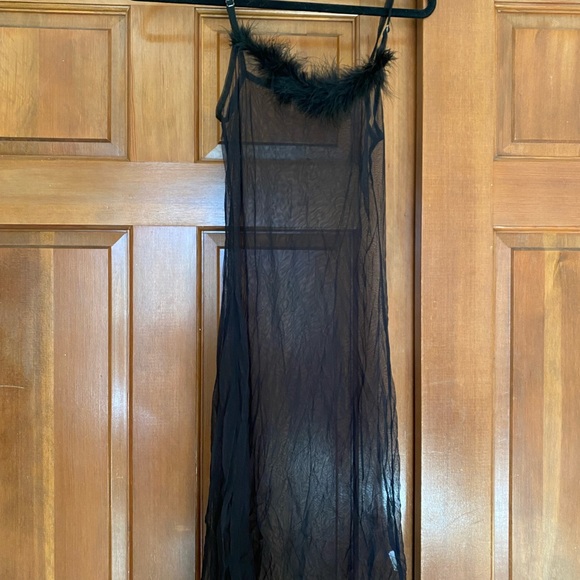 Robe, nighty and thong underwear set. Black with boa feather style trim accents. - Picture 9 of 10